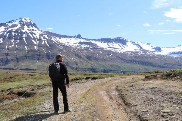 a man with a backpack is standing on a dirt road looking at a snowy mountain .