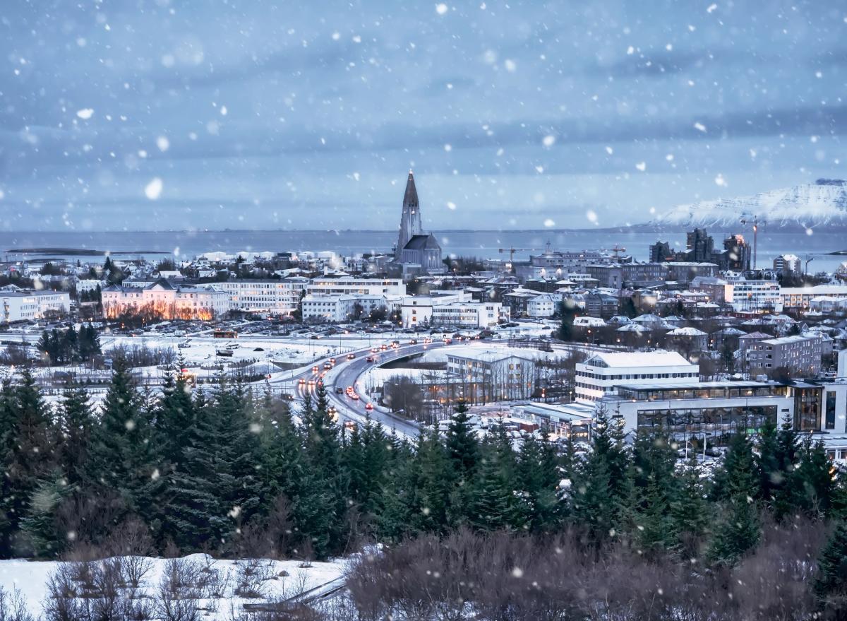 a city in the snow with a lot of buildings and trees in the foreground .