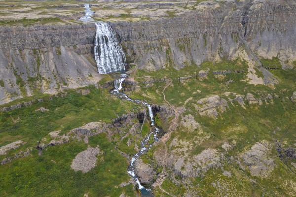 an aerial view of a Dynjandi waterfall
