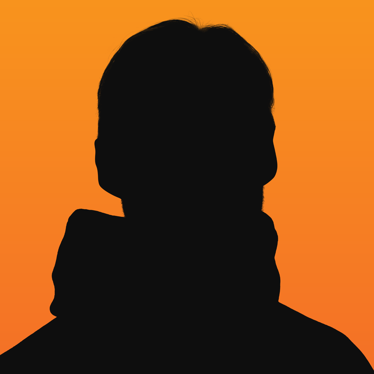 Black silhouette of a person's head and shoulders against an orange background.