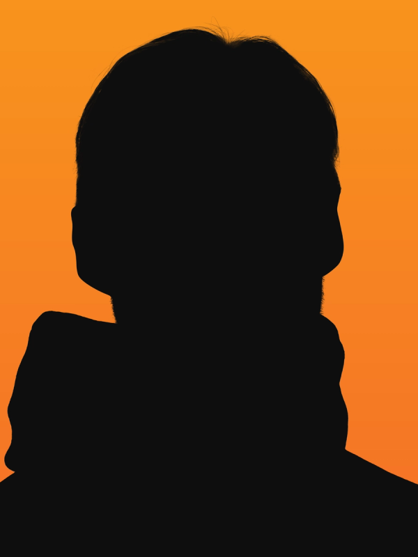Black silhouette of a person's head and shoulders against an orange background.