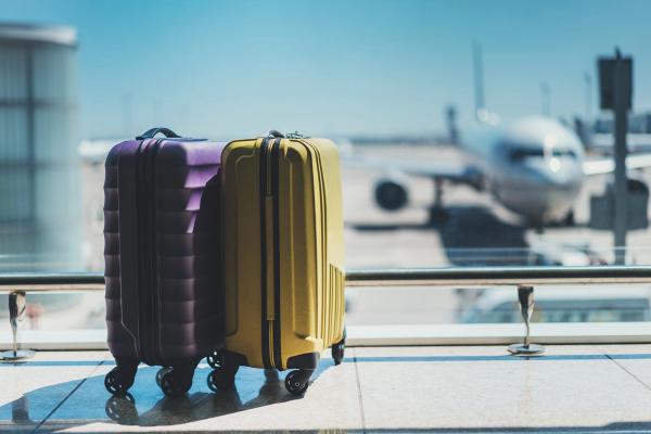 Dos maletas en un aeropuerto, con un avión en la pista al fondo.