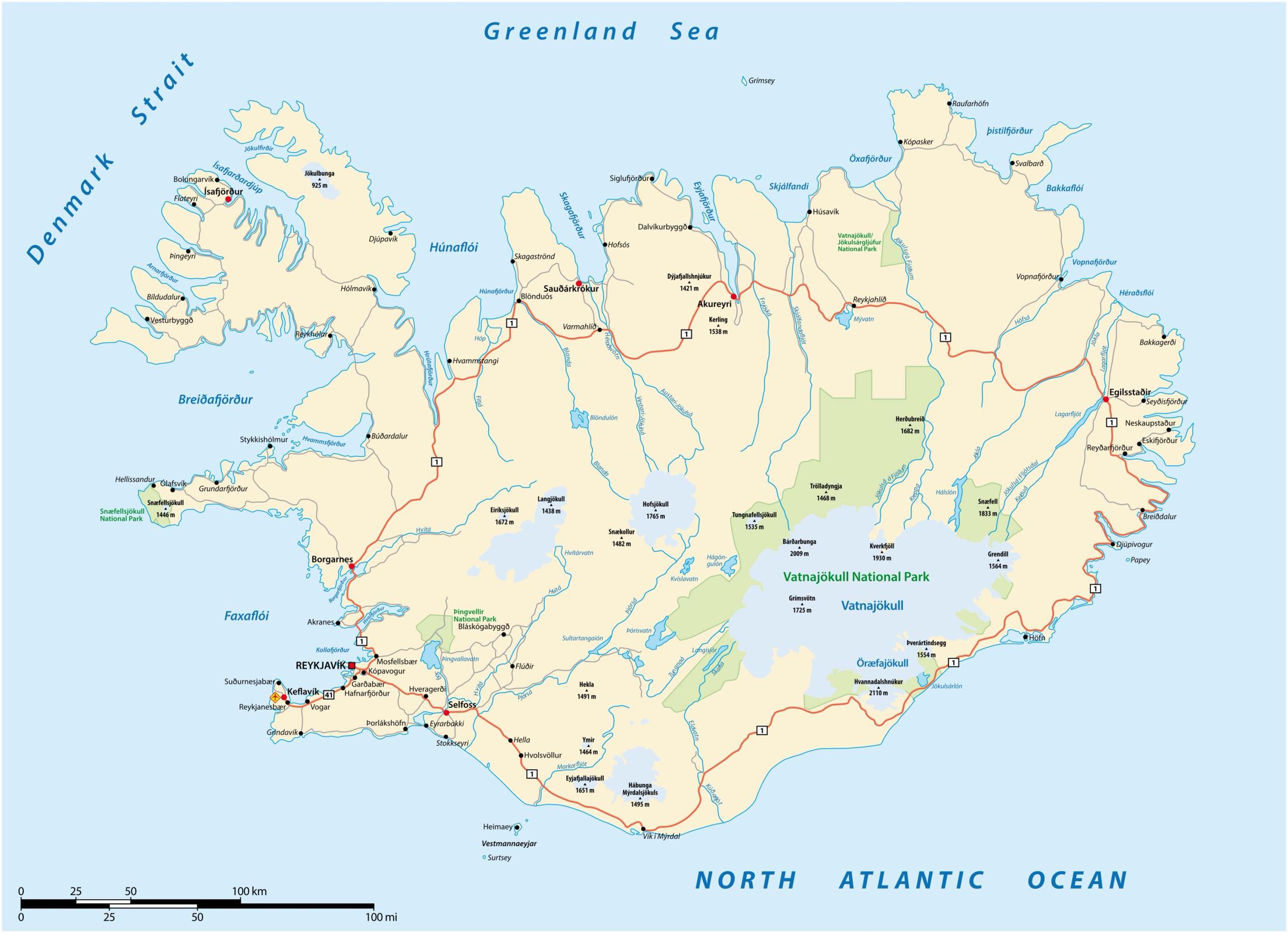 map of Iceland where you can see the size of its glaciers compared to the island 