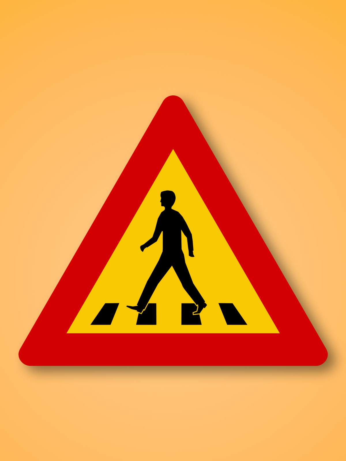 a yellow and red sign shows a man crossing a crosswalk