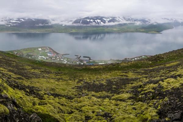 a view of a lake from the top of a mountain at Þingeyri in iceland.