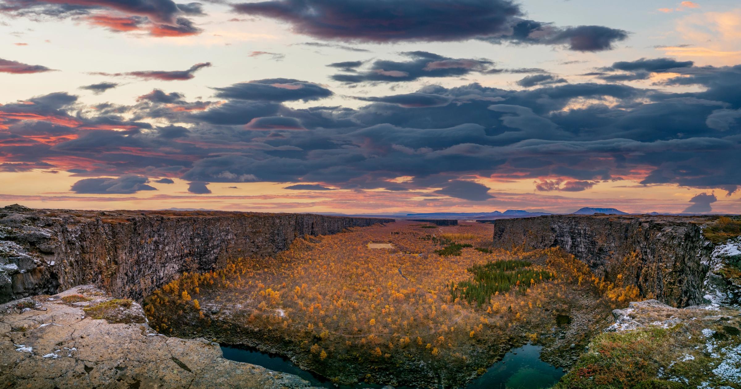 Canyon in Iceland with autumn colors on its trees