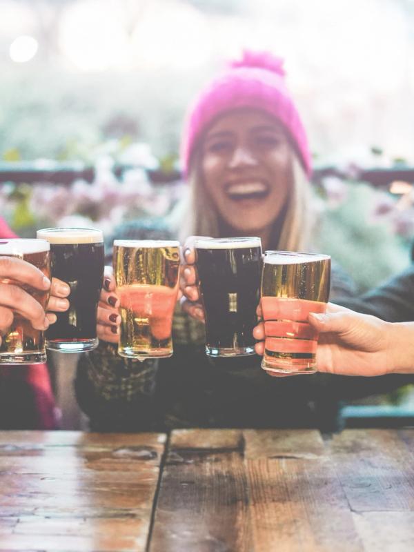 a group of people are sitting at a table toasting with beer glasses in a brewerie in Iceland.