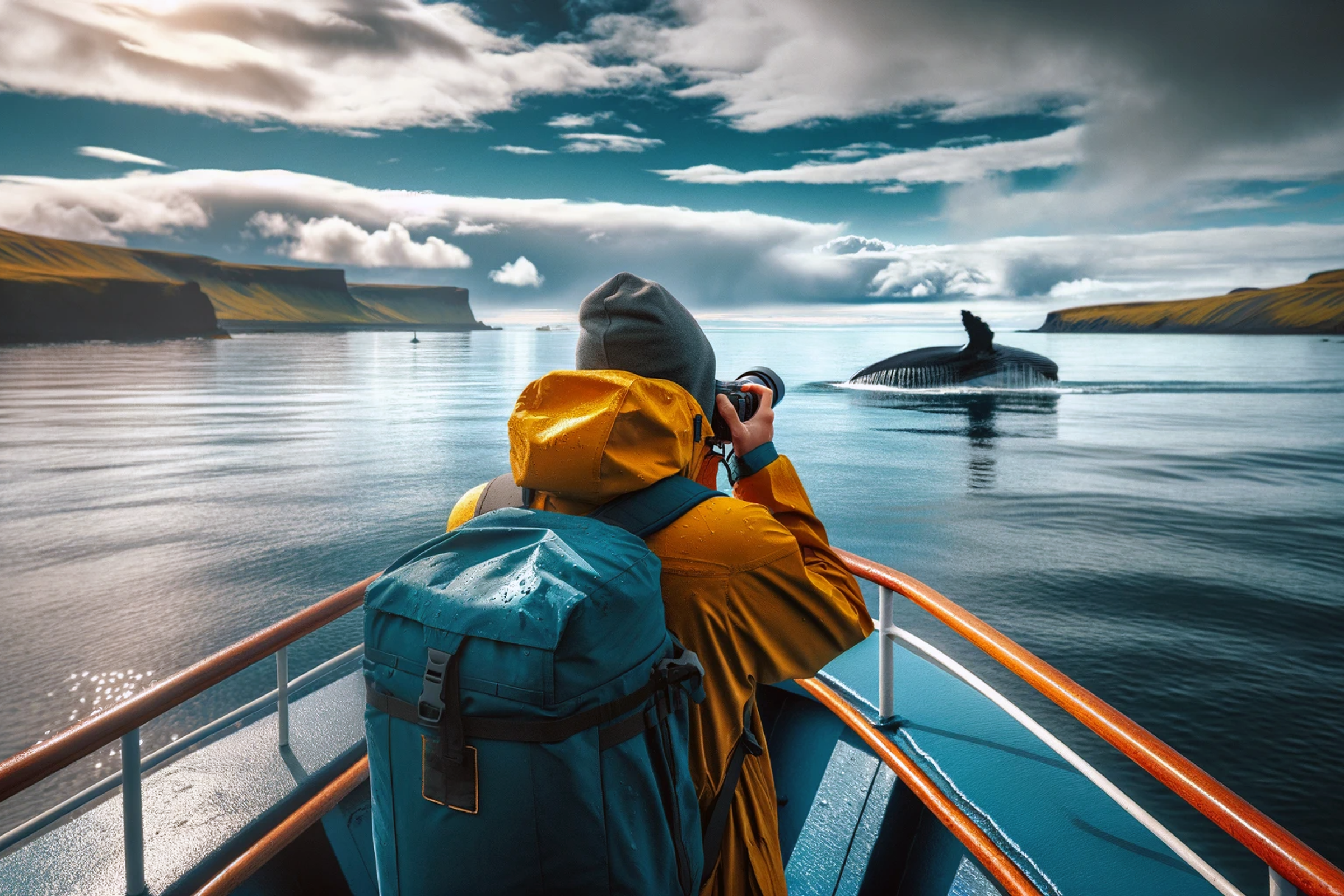 Whale watching finding a sperm whales on a boat tour in the icelandic waters in a summer trip