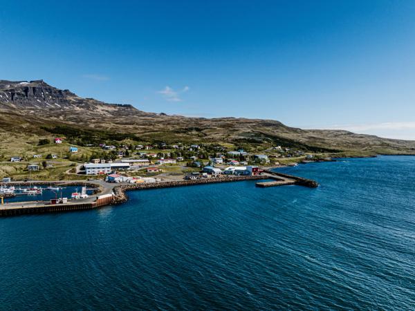 Aerial view of a coastal village with a harbor, backed by mountains under a clear blue sky.