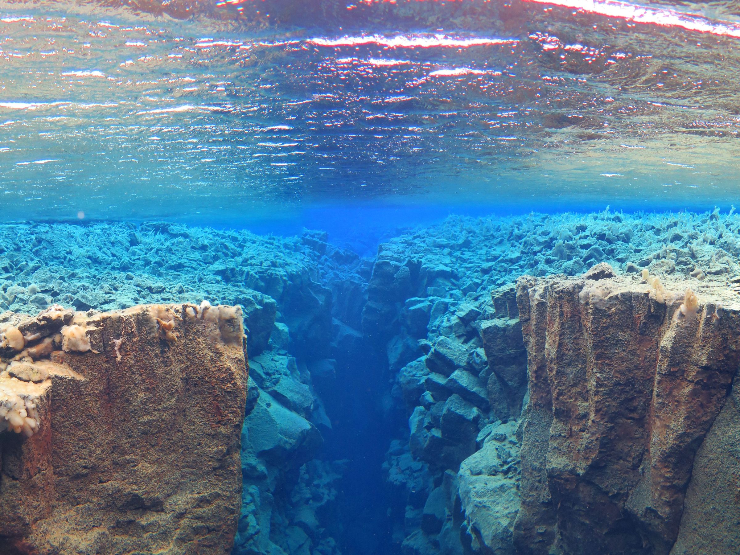 Underwater view of a deep, narrow canyon with crystal-clear blue water and rocky walls, and the water’s surface visible above.