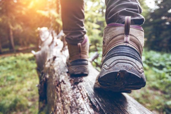 A person's feet in hiking boots balancing on a fallen log in a sunlit forest.
