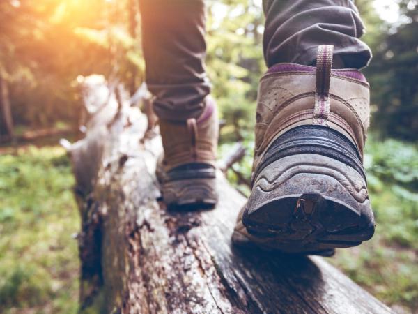 Sturdy boots walking on a log