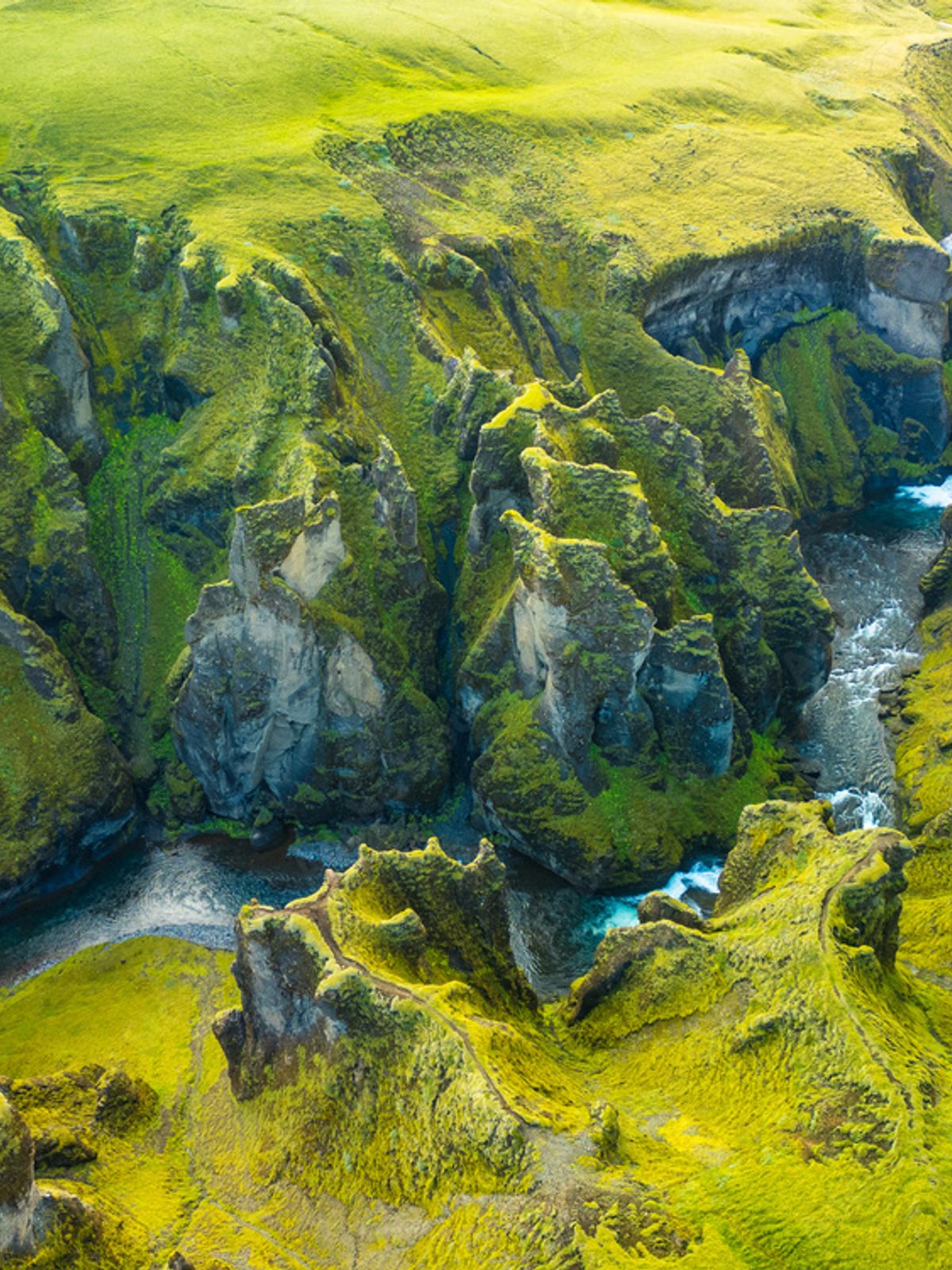 Aerial view of a winding river flowing through a deep, mossy green canyon.