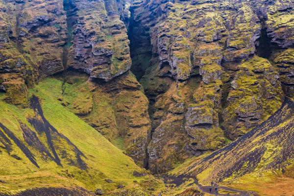 un cañon en medio de una montaña rocosa cubierta de musgo