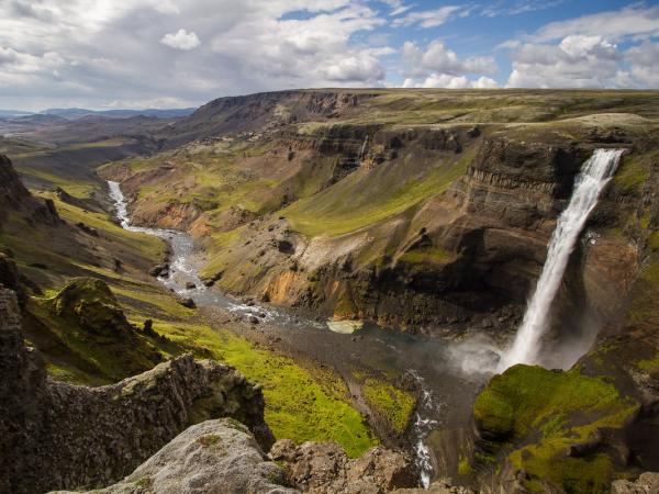 Panoramic view of Háifoss Waterfall and its sorroundings