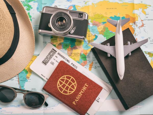 passport, camera, sunglasses