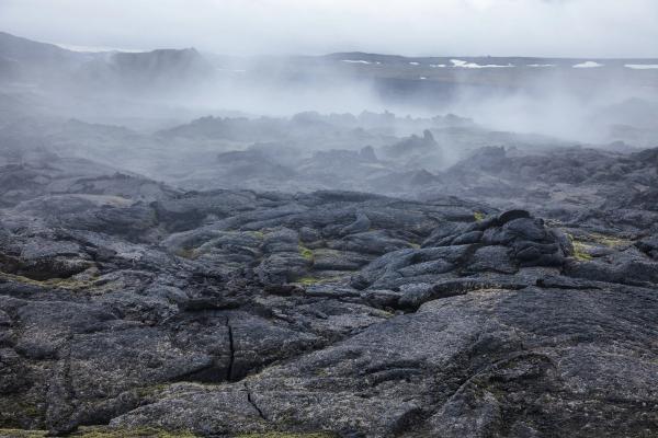 a field of lava rocks on a foggy day