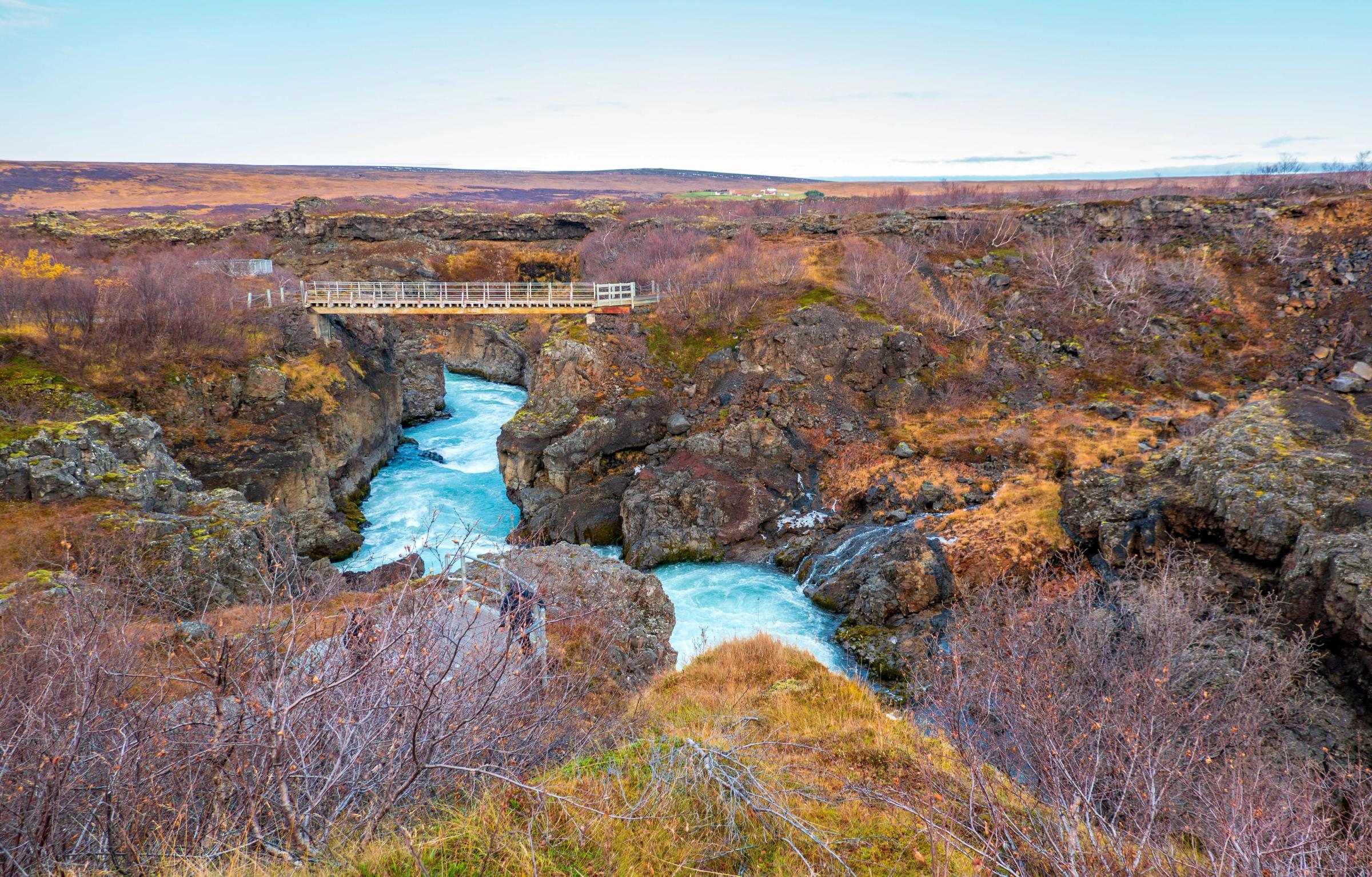 there is a bridge over a river in the middle of a canyon .