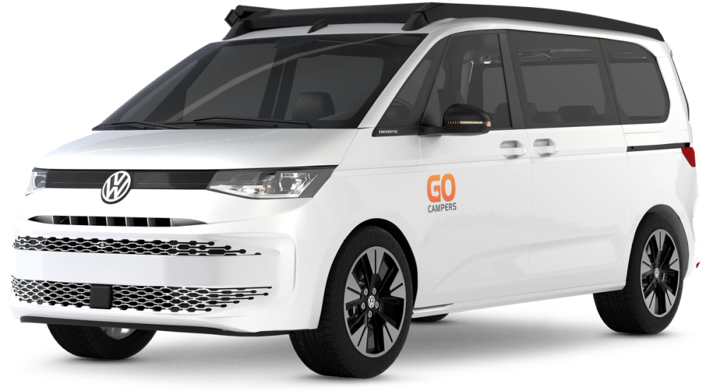 Ein weißer Go Campers 4x4-Campervan für 2 Personen vor transparentem Hintergrund zur Miete in Island