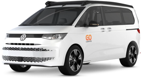 una autocaravana blanca 4x4 de Go Campers con un fondo transparente