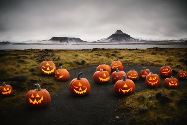 Halloween pumpkins sitting near mountains in Iceland