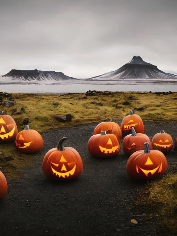 Halloween Iceland Halloween pumpkins sitting near mountains in Iceland