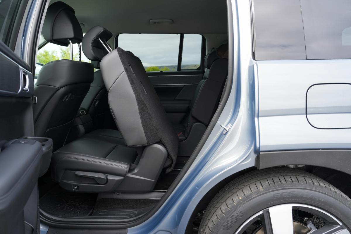 Hyundai Santa Fe second row seat folded forward through the open rear door for third row access