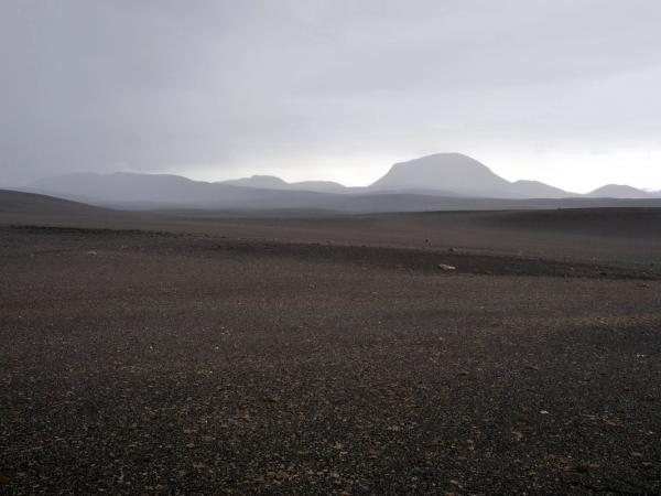 a desert landscape with mountains in the background on a cloudy day .