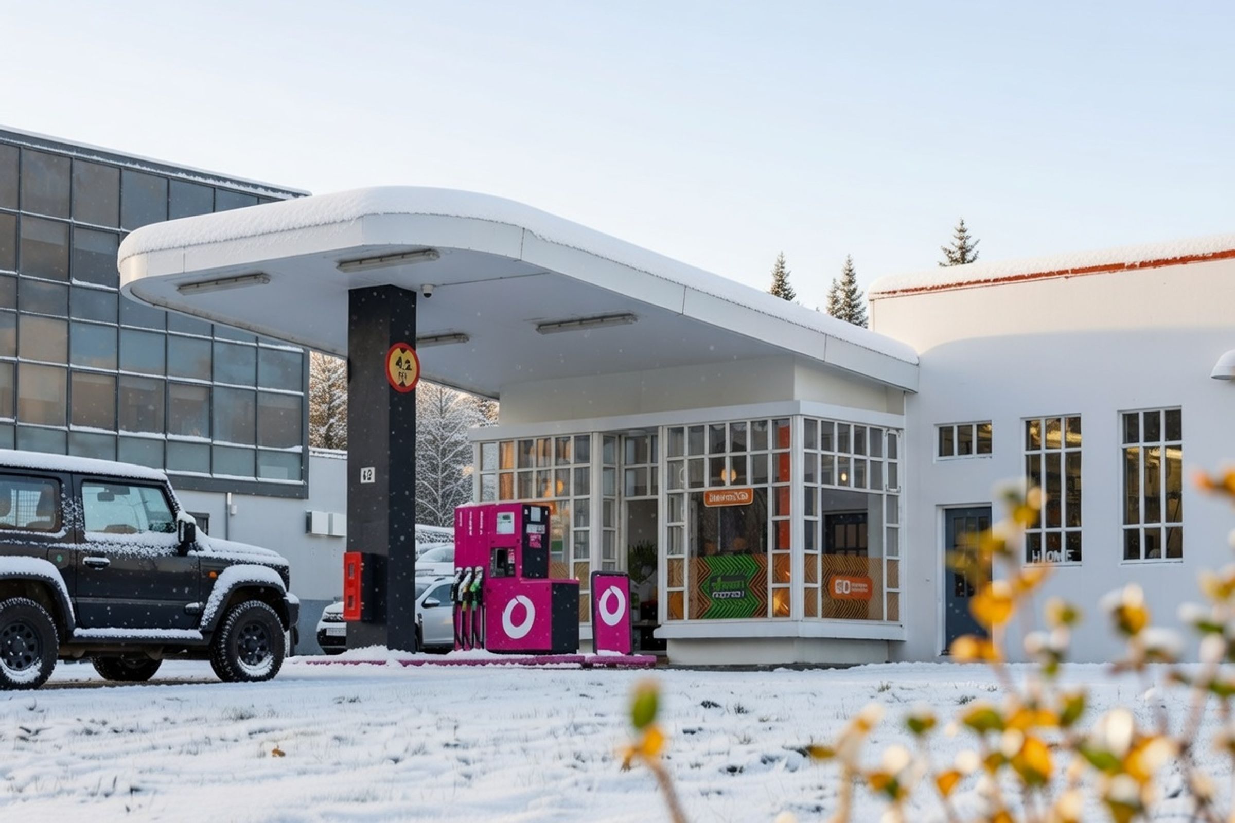 A black SUV at a gas station with bright pink pumps and a white building.