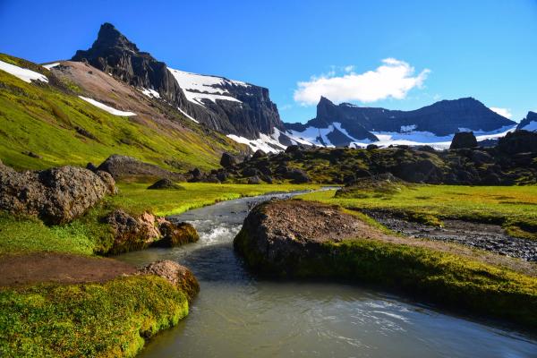 a river running through a grassy field with mountains in the background .