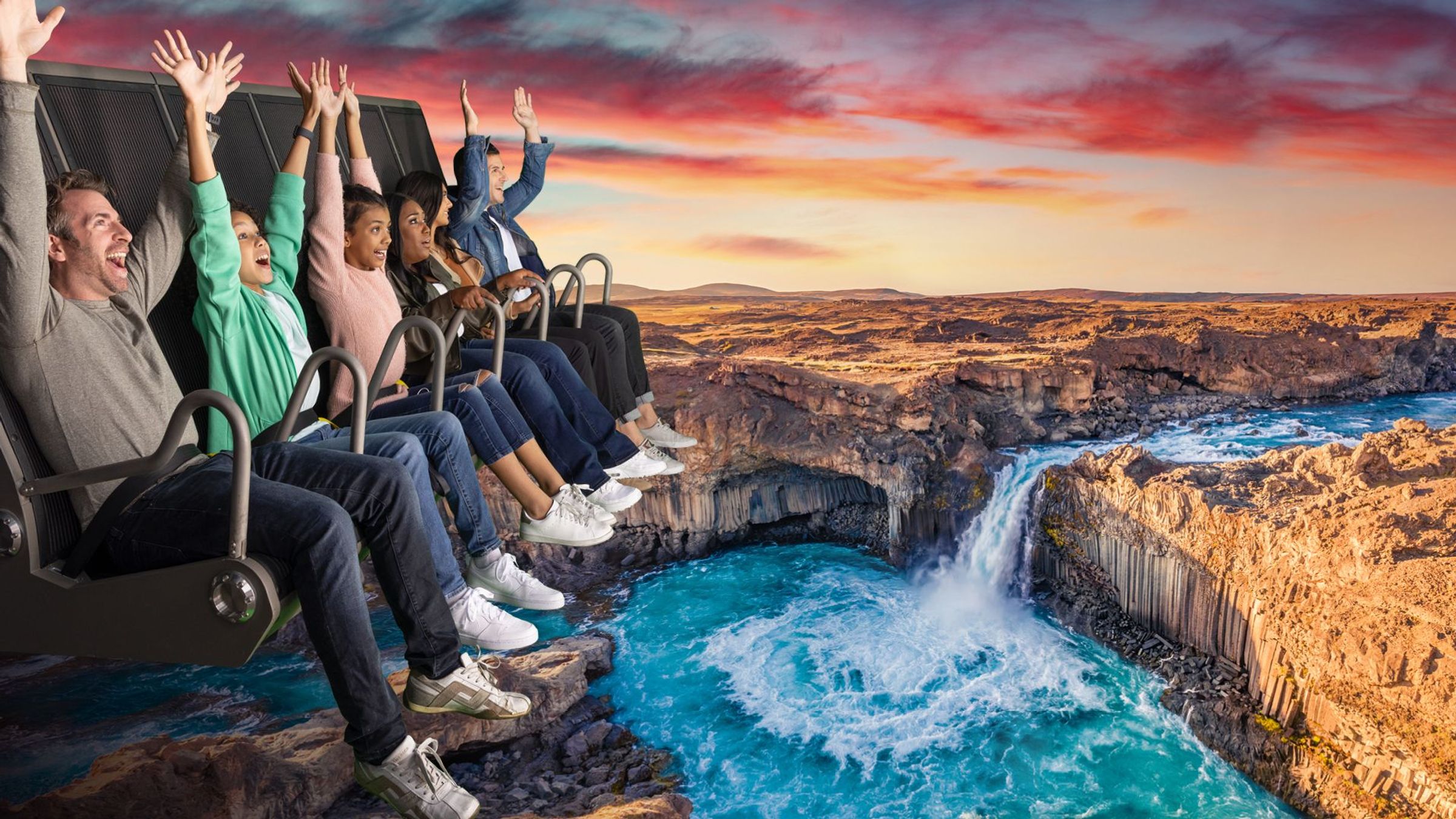 People Flying over iceland with a waterfall below them