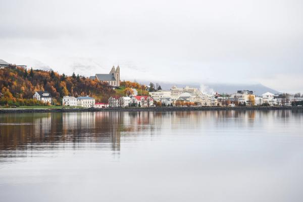 a city along the shore of a lake with a church in the background .