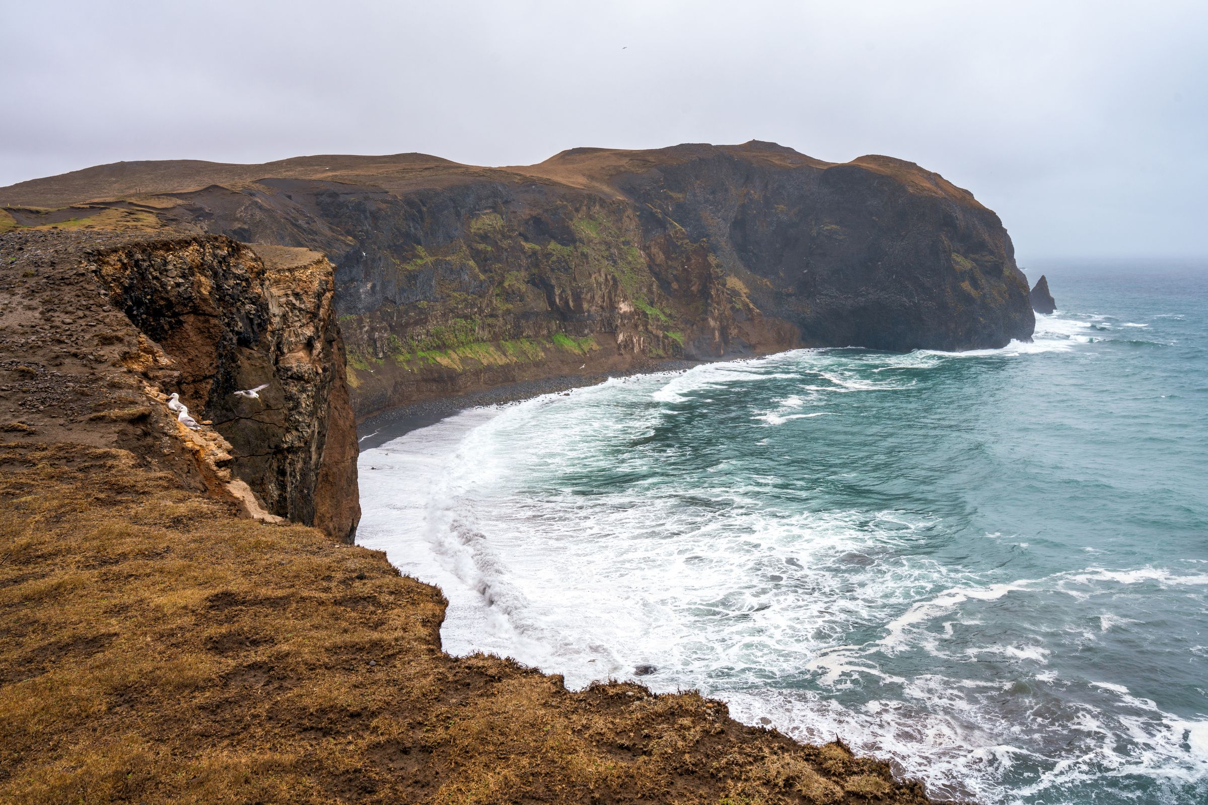 a cliff overlooking the ocean with waves crashing on the shore in ketubjörg cliffs in iceland.