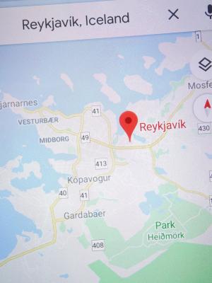 Google maps with Reykjavik in the search bar