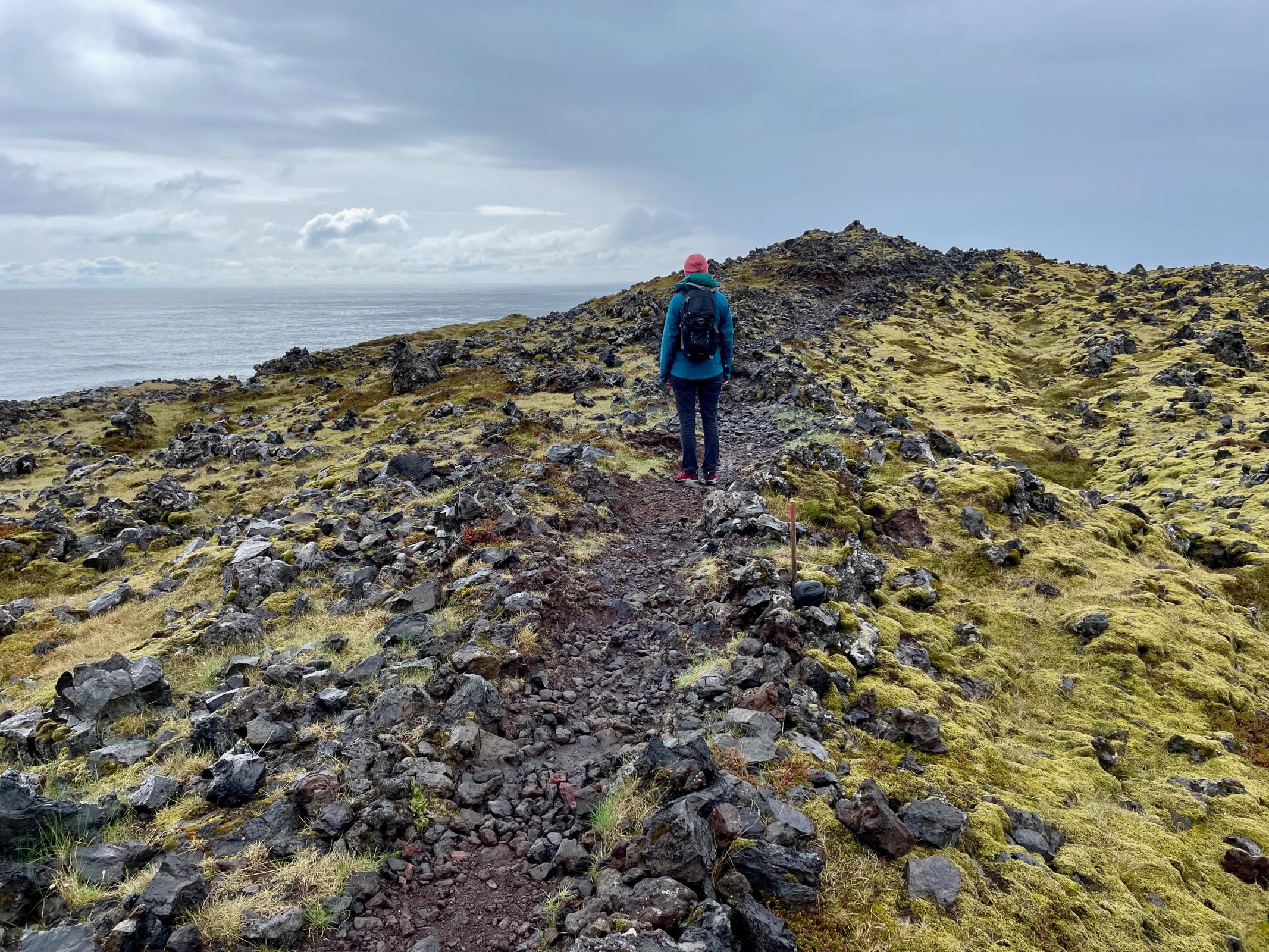 Mujer caminando por un camino de tierra rodeado de musgo