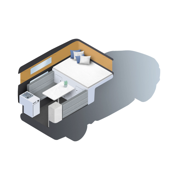 an isometric drawing of a room with a bed and a table