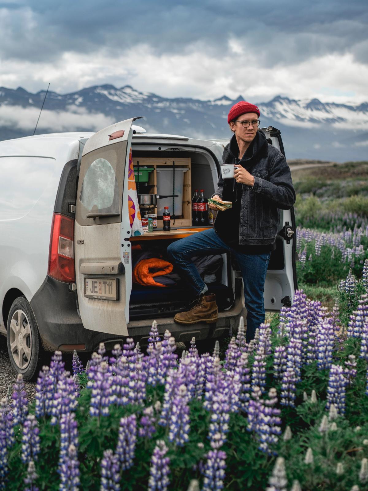 un homme debout dans un champ de fleurs violettes à côté d’une camionnette blanche avec une plaque d’immatriculation qui indique f.e.ftn