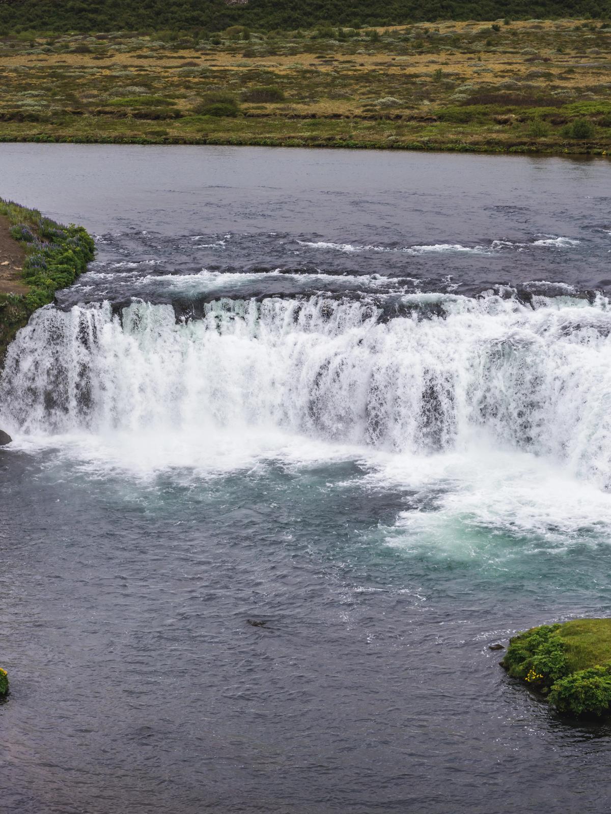 A wide waterfall cascades into a river, with a tiered fish ladder on the left bank and a small grassy island.