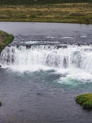 A wide waterfall cascades into a river, with a tiered fish ladder on the left bank and a small grassy island.