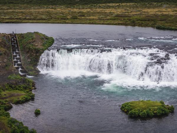A wide waterfall in a river, with a long tiered fish ladder on the left bank and a small green island.