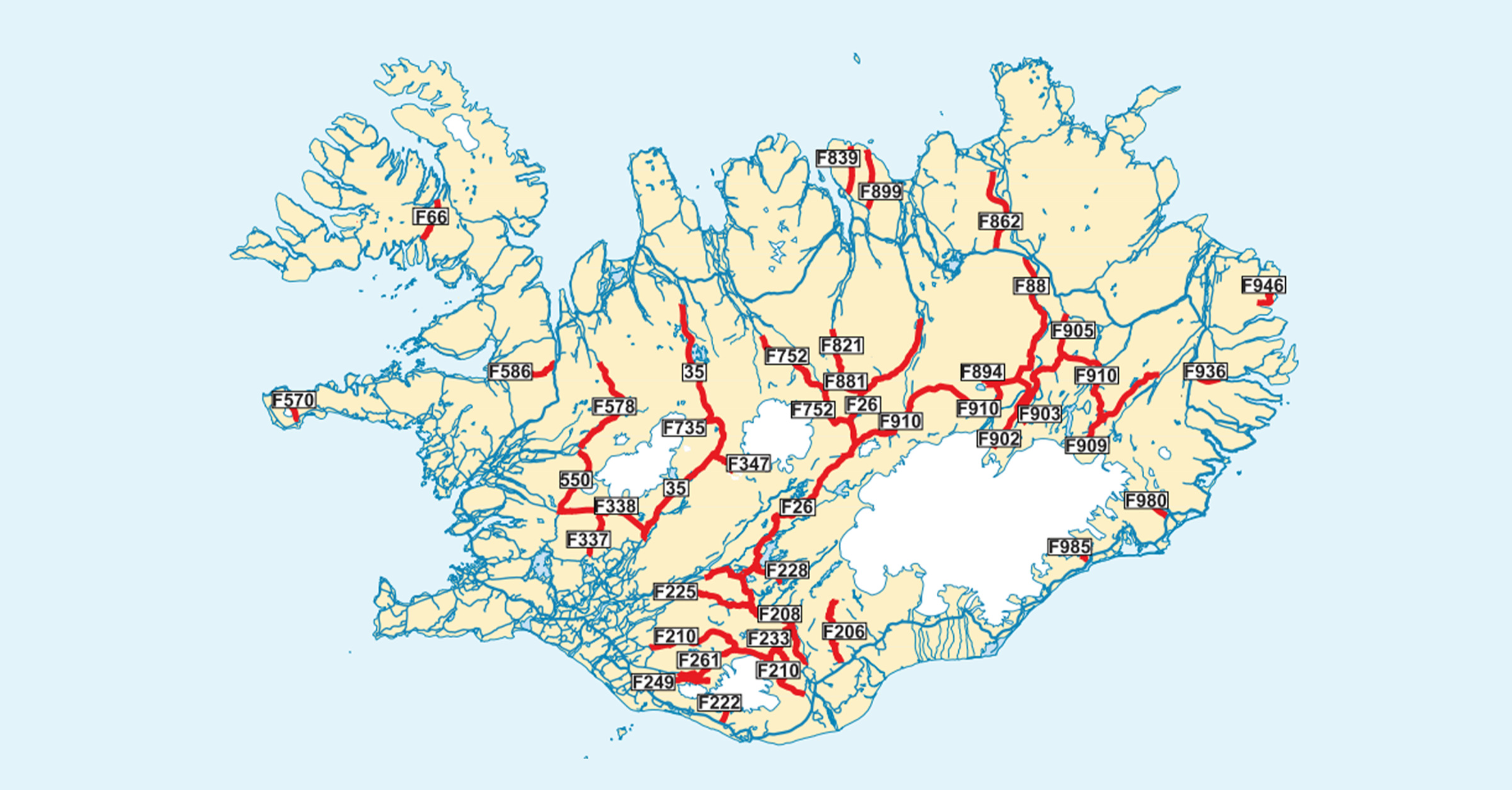 Detailed map of all F-roads in Iceland 