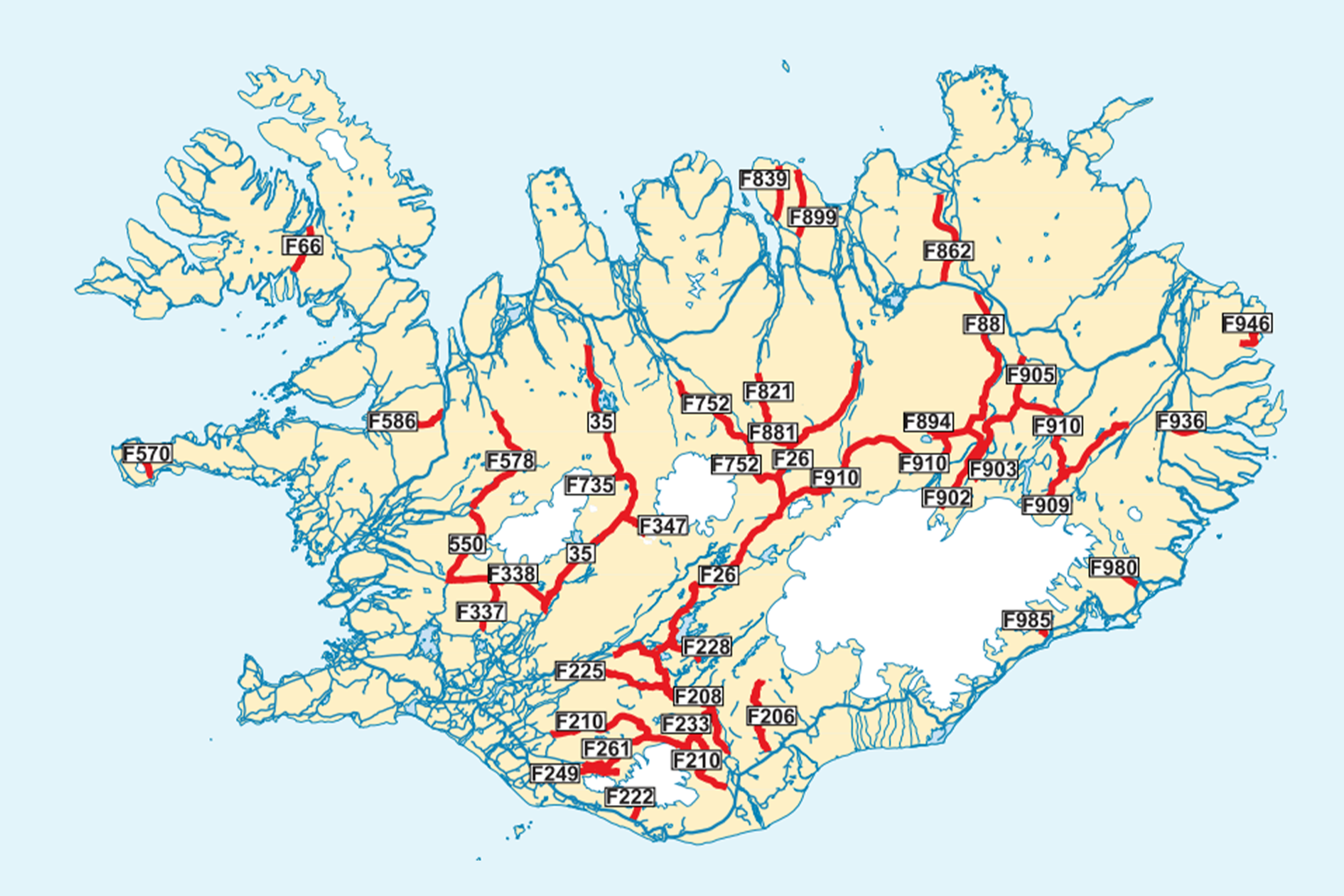 Map of F-roads in Iceland Detailed map of all F-roads in Iceland