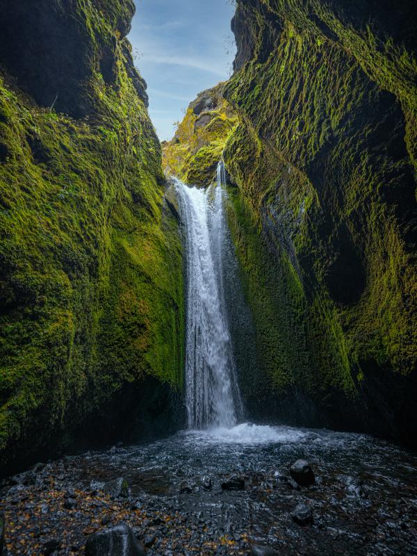 a waterfall in the middle of a canyon surrounded by green moss at Nauthúsagil in iceland.