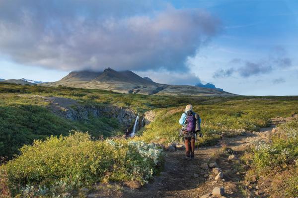una persona con una mochila está caminando por un sendero en las montañas.