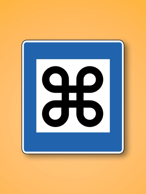 a blue and white sign with a black symbol on it