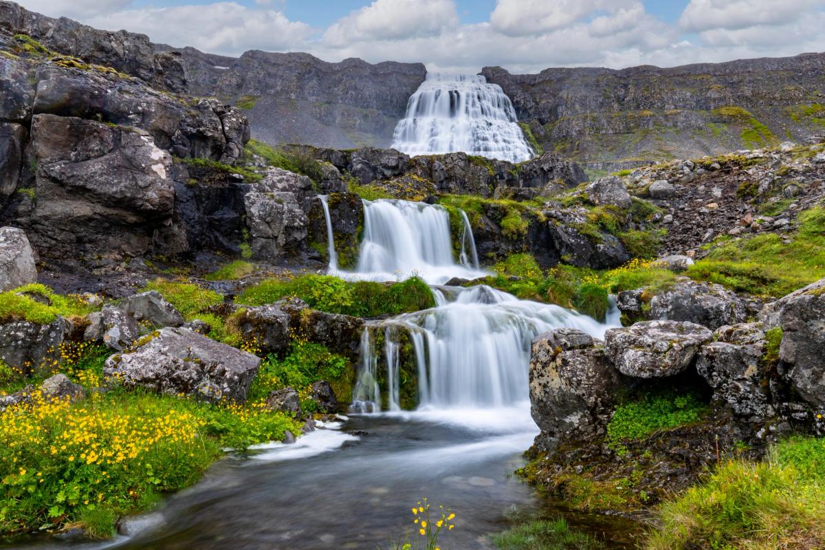 A multi-tiered waterfall cascades down a rocky, green landscape with yellow wildflowers, under a cloudy sky.