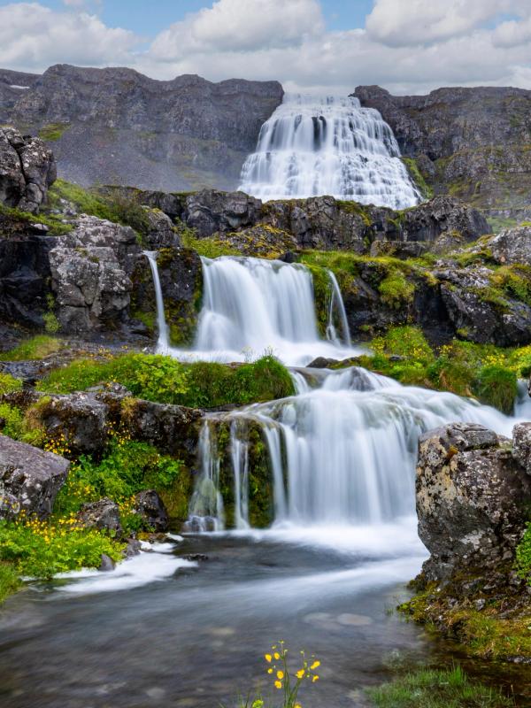 A multi-tiered waterfall cascades down a rocky, green landscape with yellow wildflowers, under a cloudy sky.