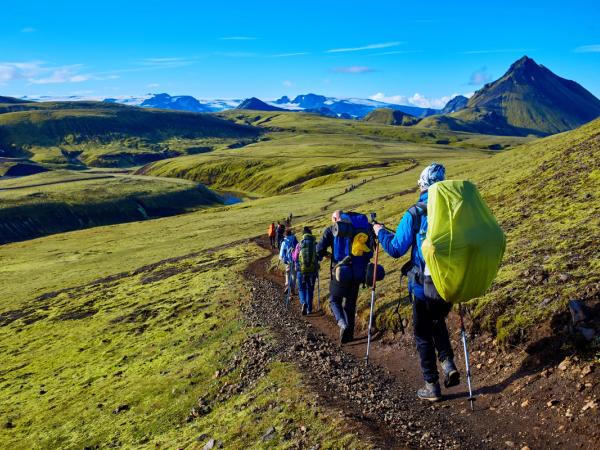 Hikkers trekking in National Park Landmannalaugar