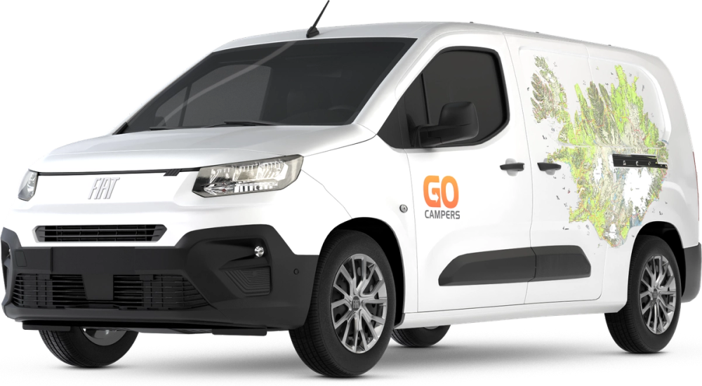 Vamos, ISLANDIA Una autocaravana blanca de Go Campers para 2 personas sobre fondo transparente, disponible para alquilar en Islandia