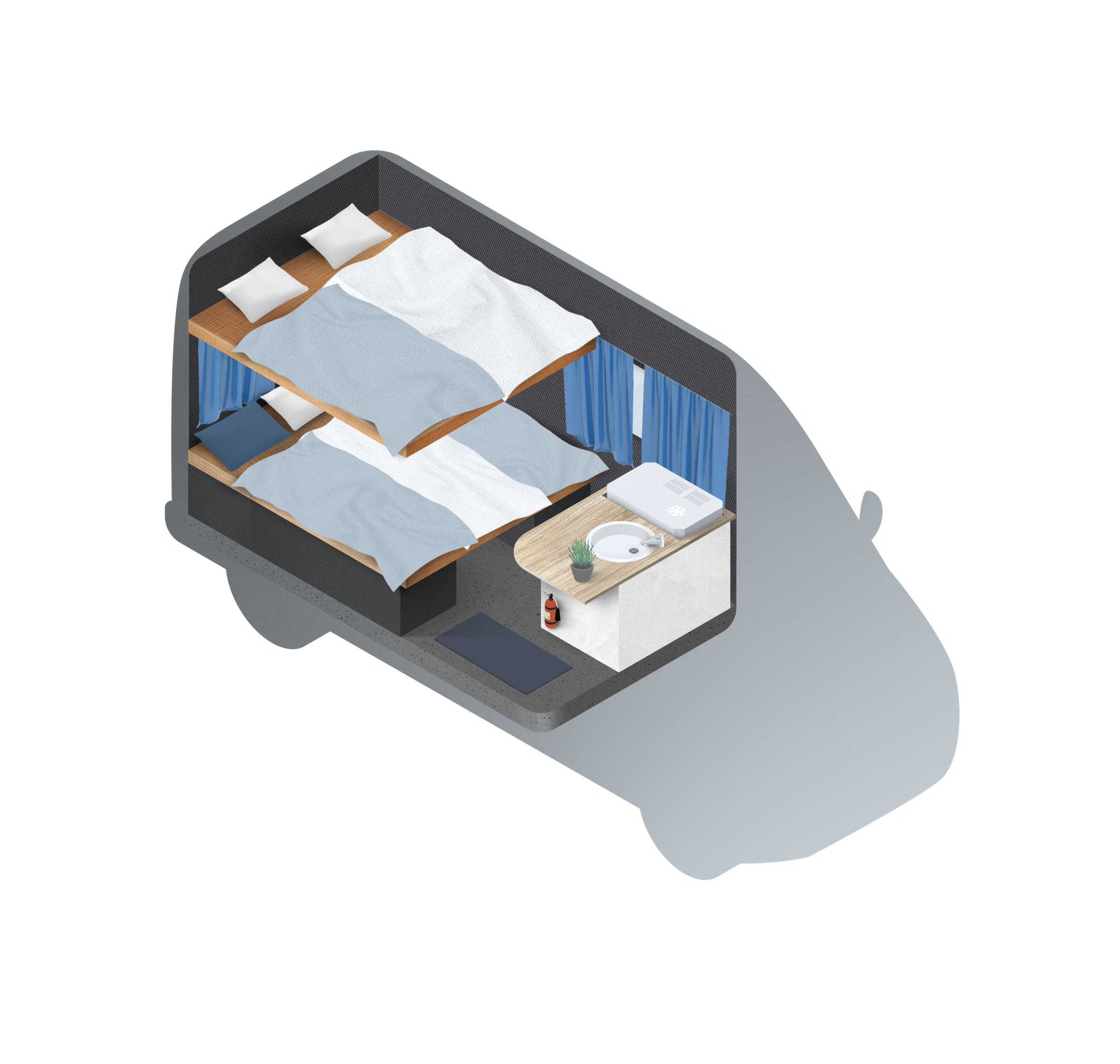 an isometric drawing of a bedroom with two beds and a sink